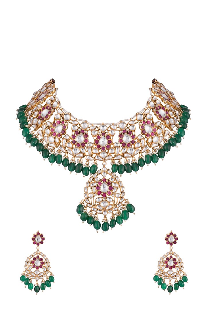 Gold Finish Faux Pearl, Kundan & Stone Necklace Set by Aster at Pernia's Pop Up Shop