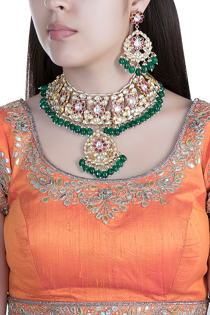 Gold Finish Faux Pearl, Kundan & Stone Necklace Set by Aster at Pernia's Pop Up Shop