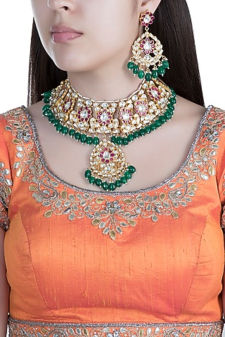 Gold Finish Faux Pearl, Kundan & Stone Necklace Set by Aster
