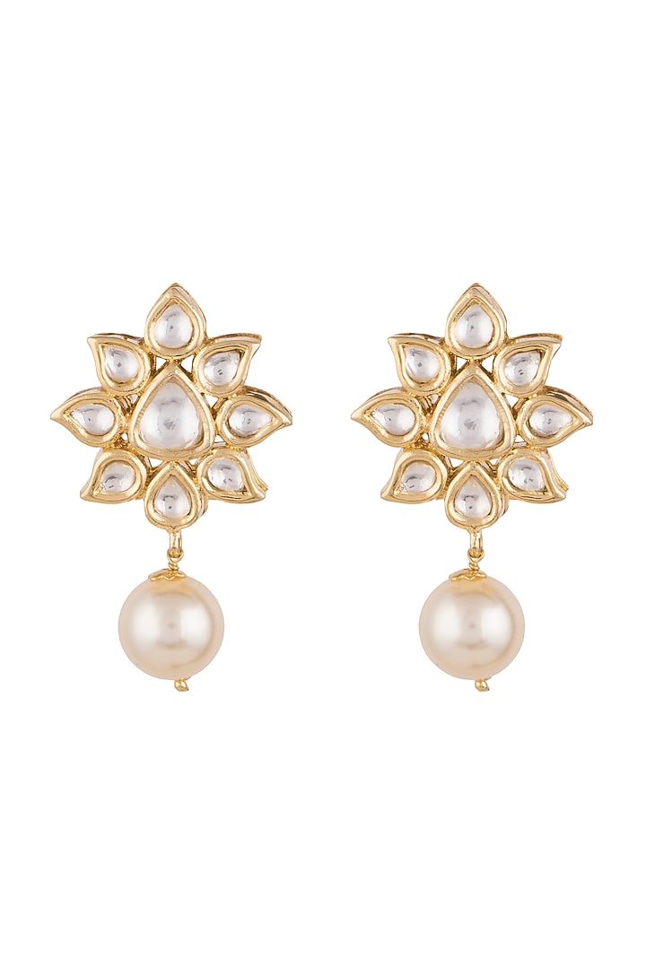 Gold Finish Faux Pearl & Kundan Earrings by Aster at Pernia's Pop Up Shop