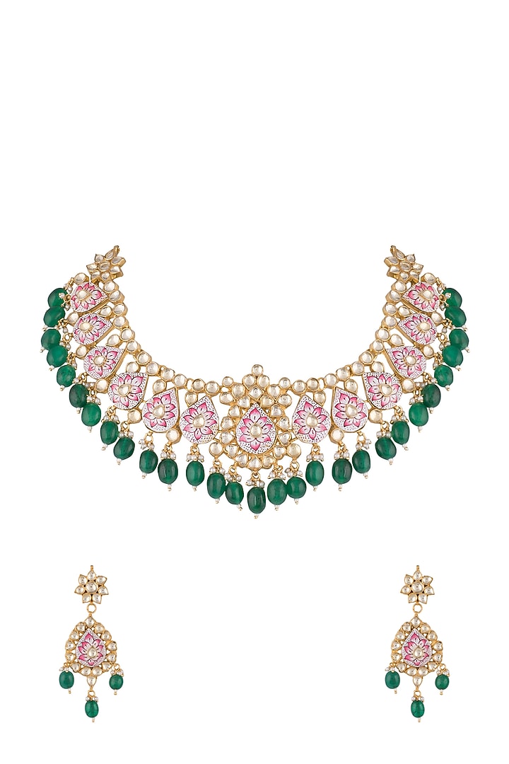 Gold Finish Pink Meenakari Kundan Necklace Set by Aster at Pernia's Pop Up Shop