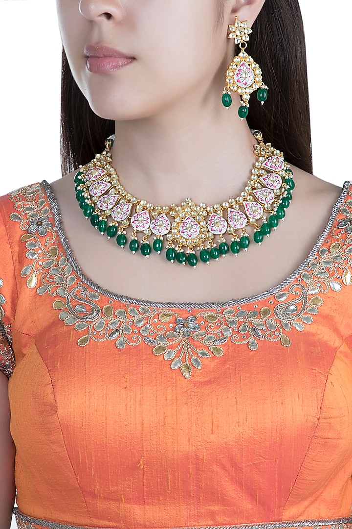 Gold Finish Pink Meenakari Kundan Necklace Set by Aster at Pernia's Pop Up Shop
