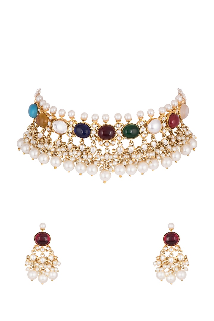 Gold Finish Multi Colored Stones Necklace Set by Aster at Pernia's Pop Up Shop