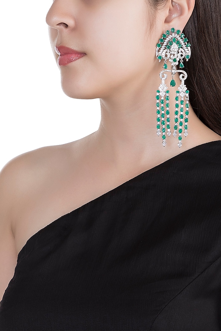 White Finish Faux Diamonds & Green Stones Dangler Earrings by Aster