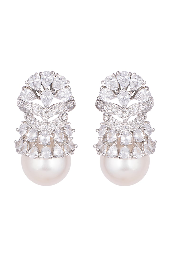 White Finish Faux Diamonds & Pearls Earrings by Aster at Pernia's Pop Up Shop