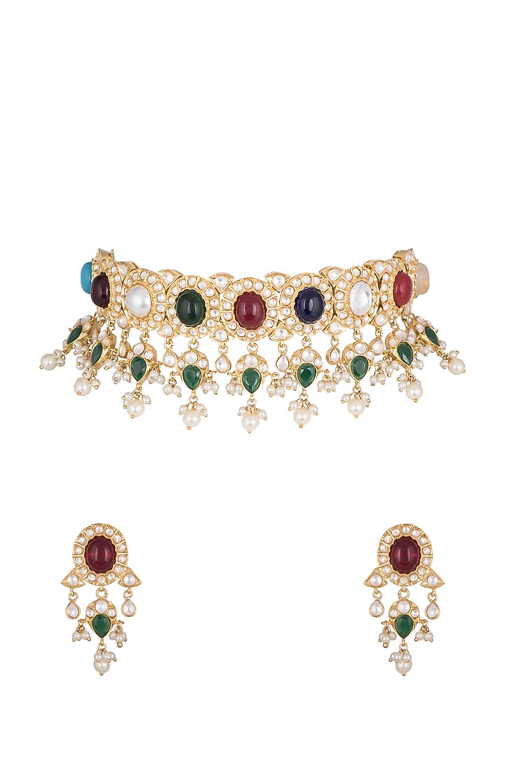 Gold Finish Multi Colored Stones, Faux Pearls & Kundan Necklace Set by Aster at Pernia's Pop Up Shop