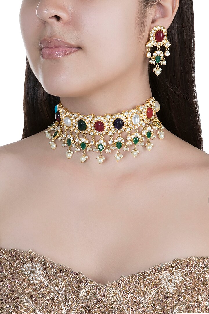 Gold Finish Multi Colored Stones, Faux Pearls & Kundan Necklace Set by Aster