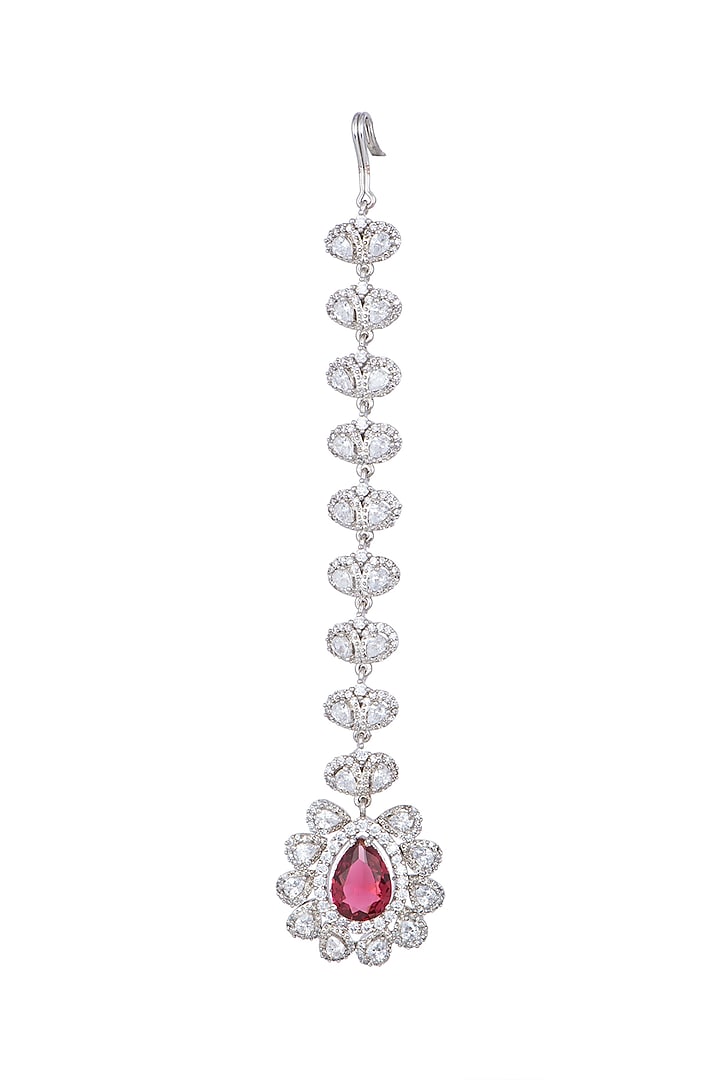 White Finish Faux Diamond & Red Stone Maang Tikka by Aster at Pernia's Pop Up Shop