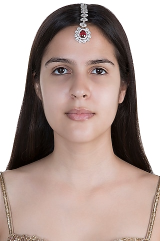 White Finish Faux Diamond & Red Stone Maang Tikka by Aster