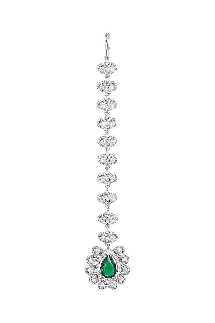White Finish Faux Diamond & Green Stone Maang Tikka by Aster at Pernia's Pop Up Shop