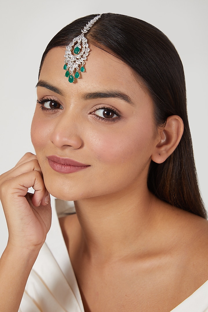 White Finish Emerald & Zircon Maangtikka by Aster at Pernia's Pop Up Shop