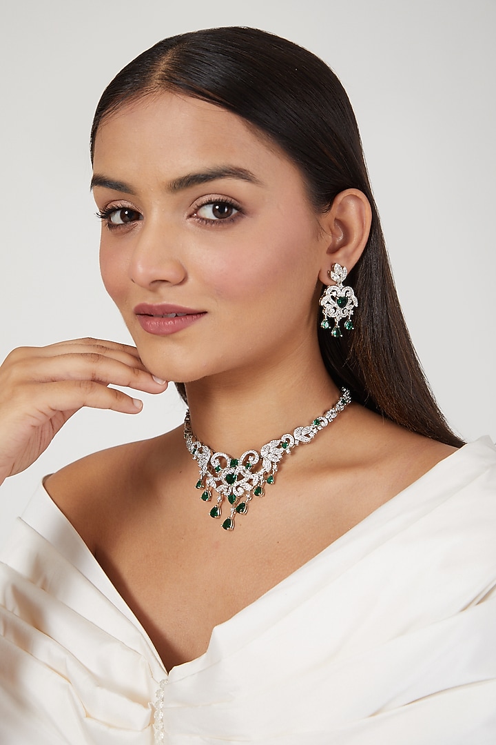 White Finish Green Synthetic Stone & Zircon Necklace Set by Aster at Pernia's Pop Up Shop