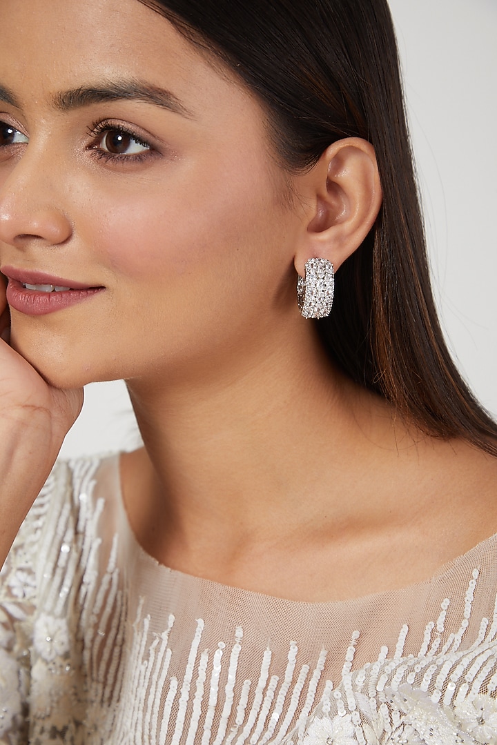 White Finish Zircon Hoop Earrings by Aster at Pernia's Pop Up Shop