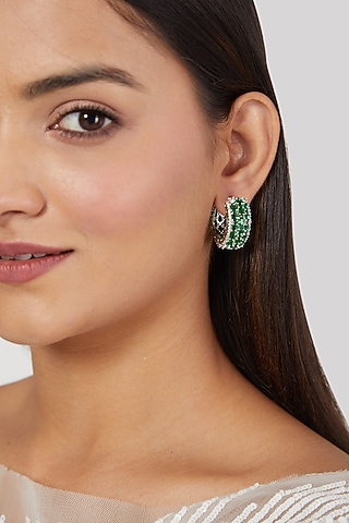 White Finish Green Diamond Hoop Earrings by Aster