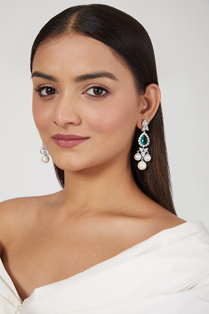 White Finish Pearl & Emerald Dangler Earrings by Aster