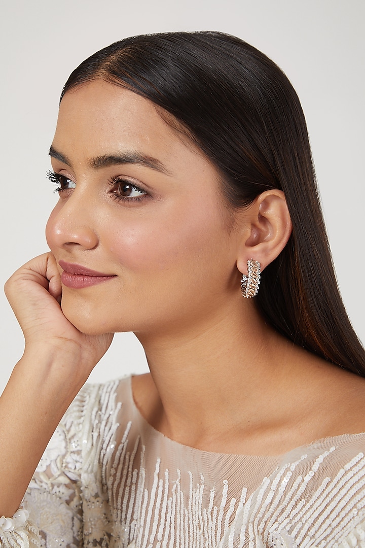 White Finish Zircon & Champagne Stone Hoop Earrings by Aster