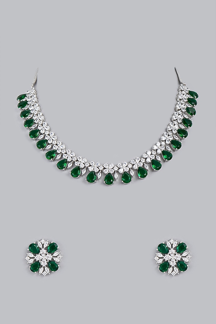 White Finish Zircon & Green Stone Necklace Set by Aster at Pernia's Pop Up Shop