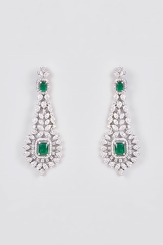 White Finish Zircon & Green Stone Dangler Earrings by Aster