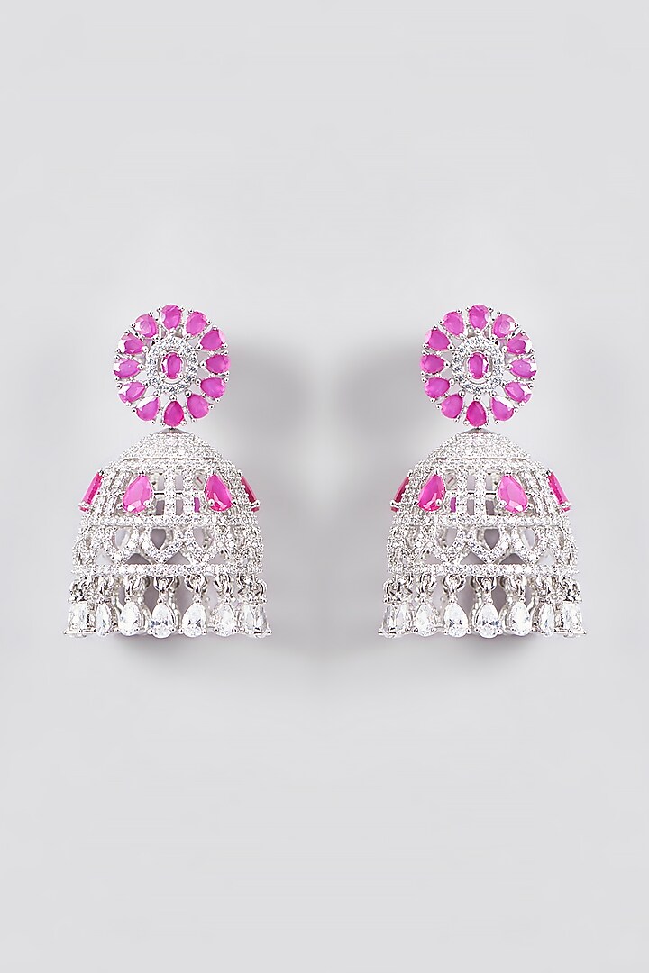 White Finish Zircon & Synthetic Ruby Stone Jhumka Earrings by Aster at Pernia's Pop Up Shop