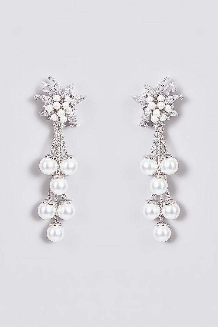 White Finish Zircon & Pearls Dangler Earrings by Aster at Pernia's Pop Up Shop