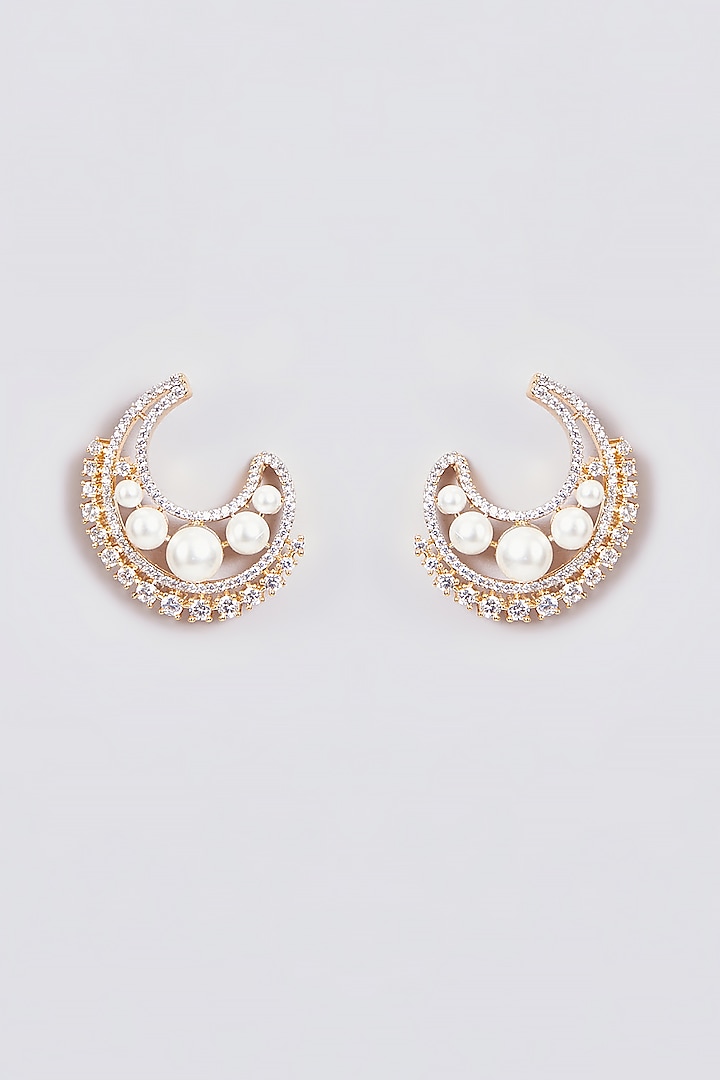 Gold Finish Zircon & Pearl Stud Earrings by Aster at Pernia's Pop Up Shop