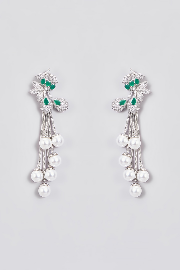 White Finish Zircon & Emerald Stone Dangler Earrings by Aster at Pernia's Pop Up Shop