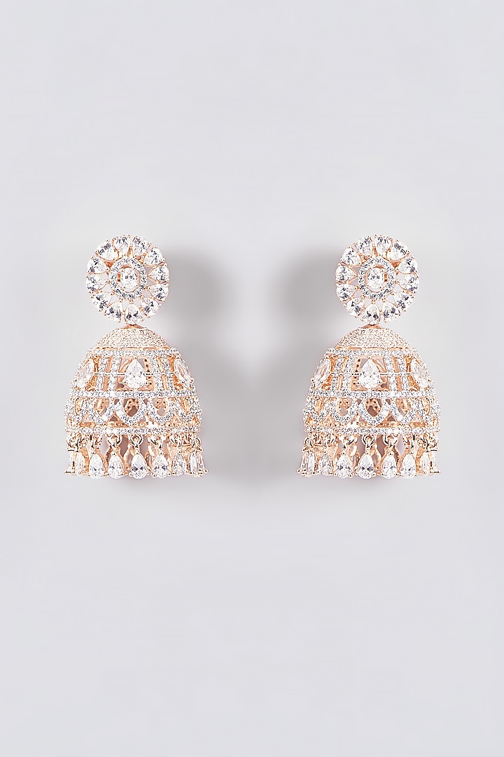 Rose Gold Finish Zircon Jhumka Earrings by Aster at Pernia's Pop Up Shop