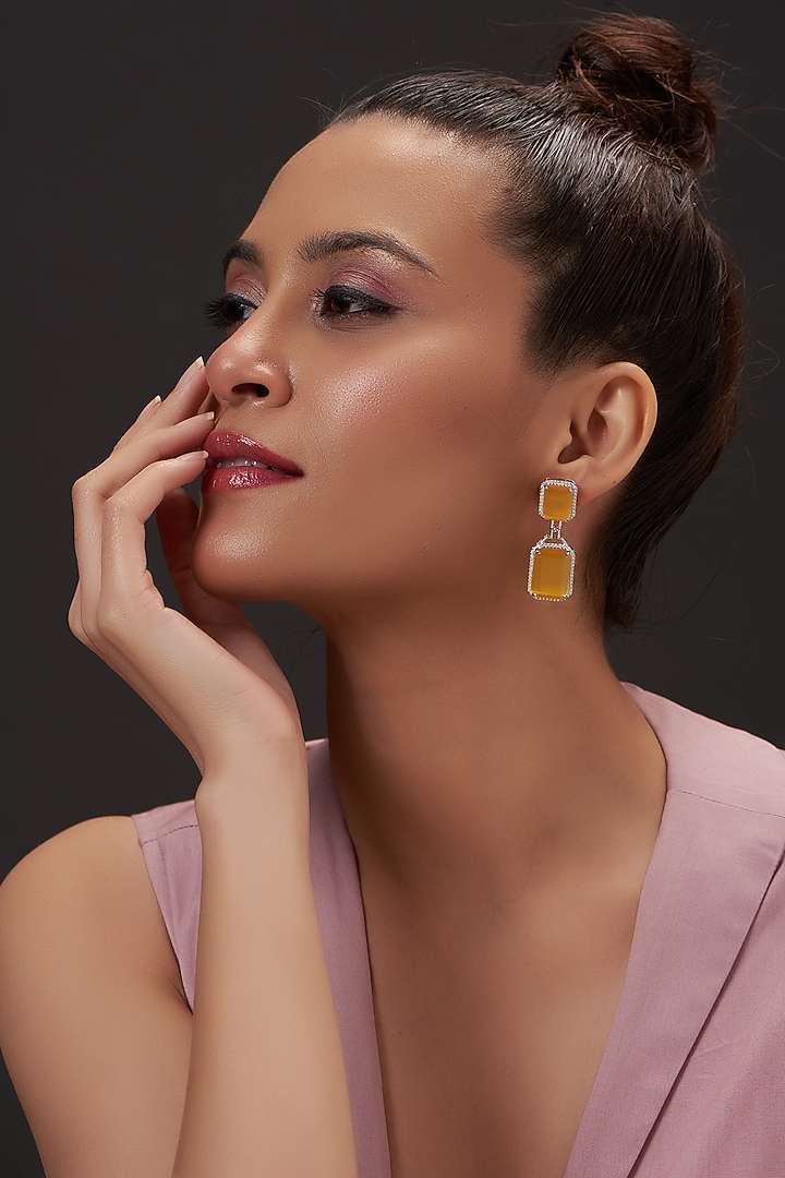 White Finish Zircon & Yellow Stone Dangler Earrings by Aster at Pernia's Pop Up Shop