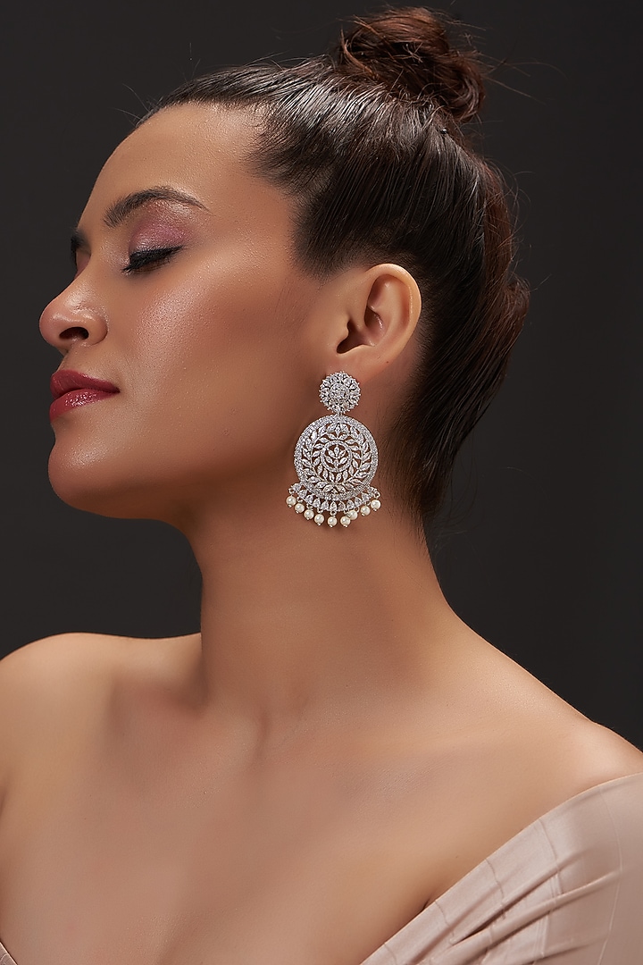 White Finish Zircon Chandbali Earrings by Aster at Pernia's Pop Up Shop