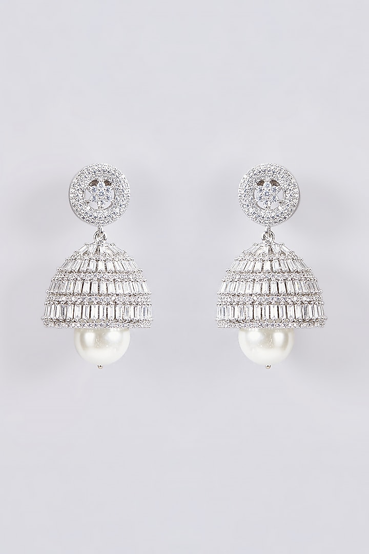 White Finish Zircon & Pearl Jhumka Earrings by Aster at Pernia's Pop Up Shop