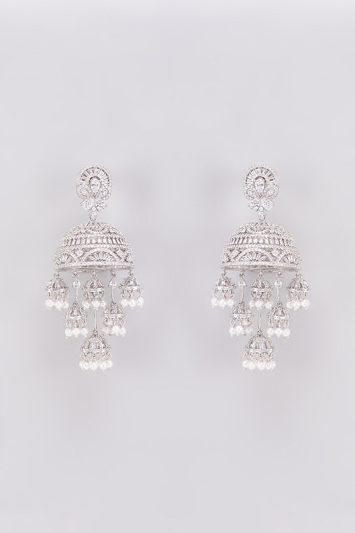 White Finish Zircon Jhumka Earrings by Aster at Pernia's Pop Up Shop