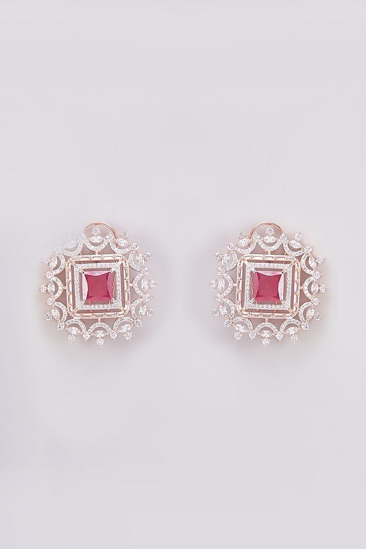 Rose Gold Finish Zircon & Red Stone Stud Earrings by Aster at Pernia's Pop Up Shop