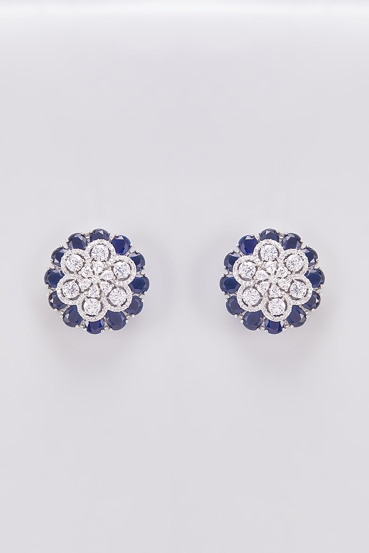 White Finish Zircon & Blue Stone Stud Earrings by Aster at Pernia's Pop Up Shop