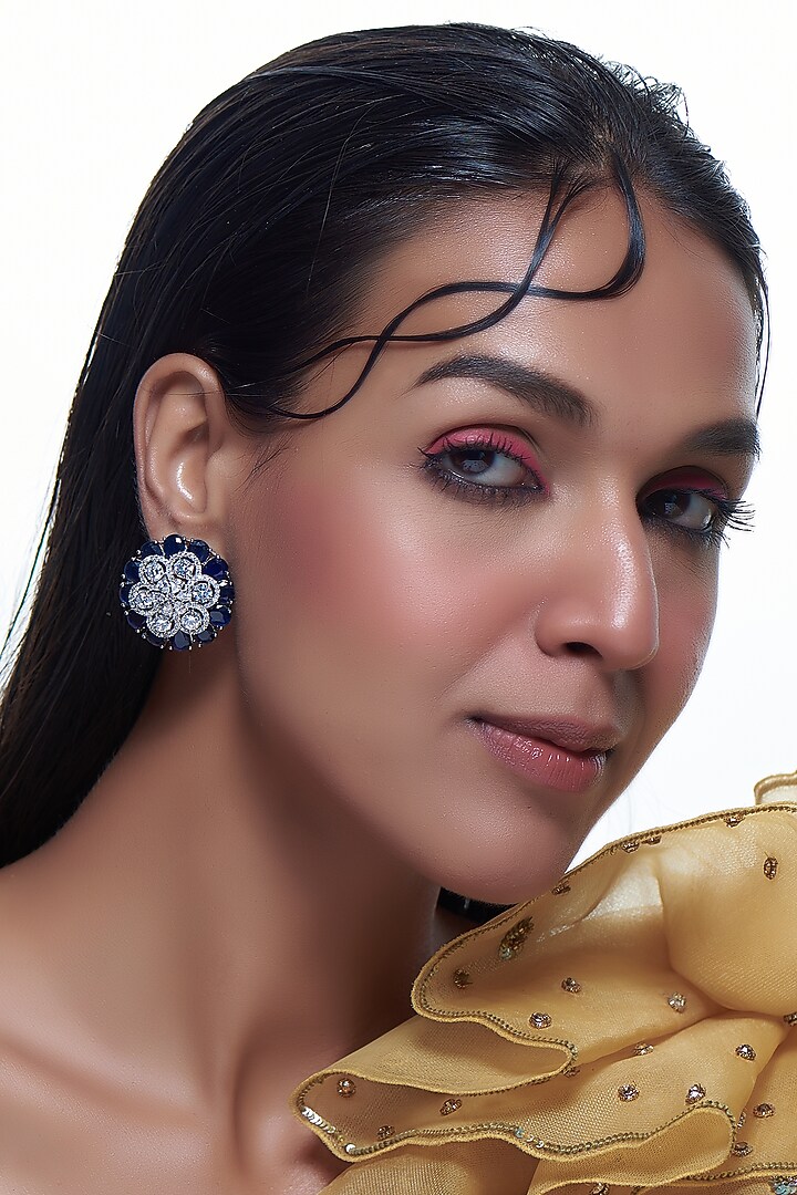 White Finish Zircon & Blue Stone Stud Earrings by Aster at Pernia's Pop Up Shop