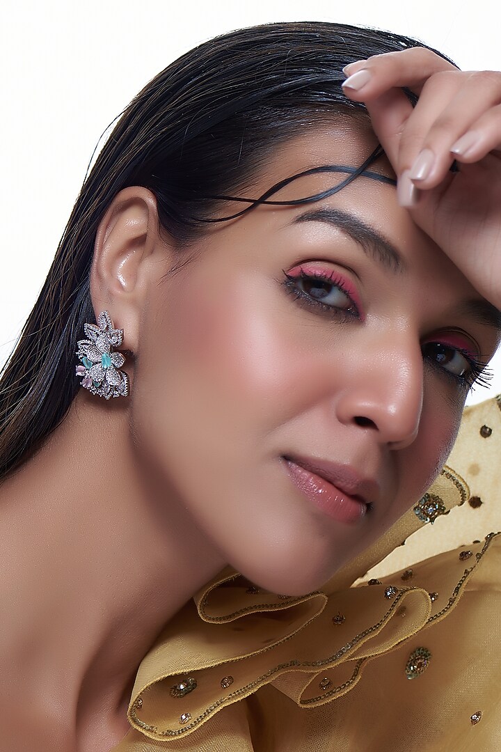 White Finish Zircon & Multi-Colored Stone Stud Earrings by Aster at Pernia's Pop Up Shop
