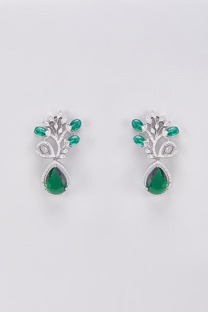 White Finish Zircon & Green Stone Dangler Earrings by Aster at Pernia's Pop Up Shop