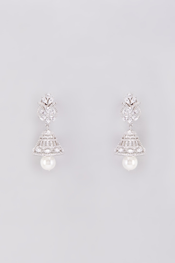 White Finish Zircon & Pearl Jhumka Earrings by Aster at Pernia's Pop Up Shop