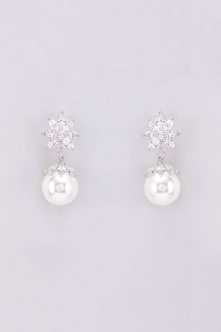 White Finish Zircon & Pearl Dangler Earrings by Aster at Pernia's Pop Up Shop