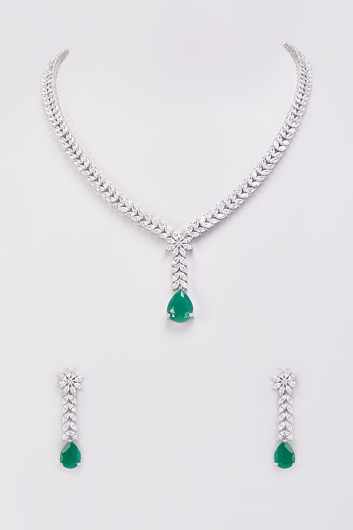 Silver Finish Green Stone & Zircon Necklace Set by Aster at Pernia's Pop Up Shop