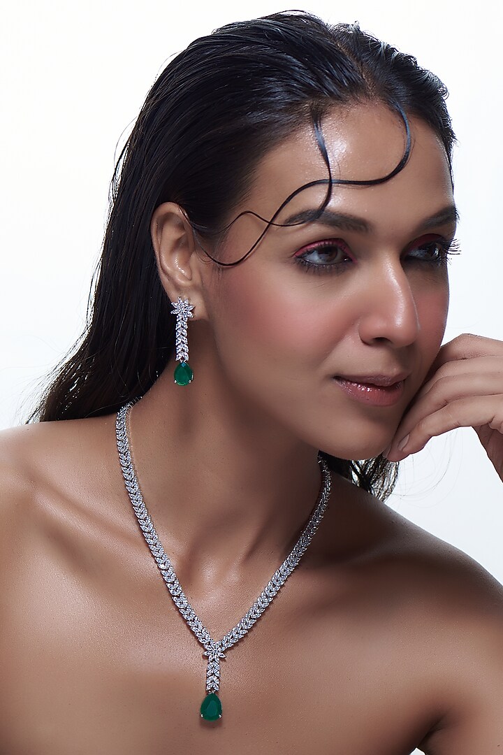 Silver Finish Green Stone & Zircon Necklace Set by Aster at Pernia's Pop Up Shop