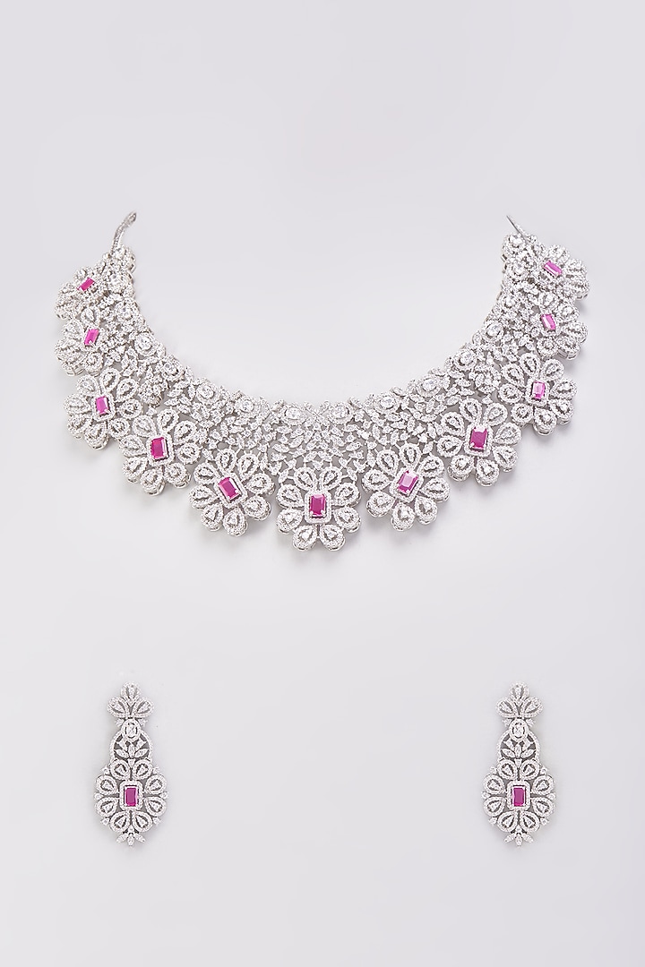 White Finish Red Stone & Zircon Necklace Set by Aster at Pernia's Pop Up Shop