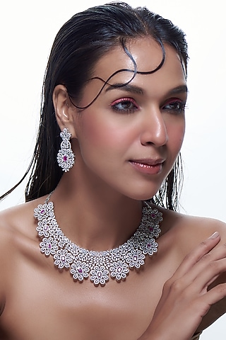 White Finish Red Stone & Zircon Necklace Set by Aster