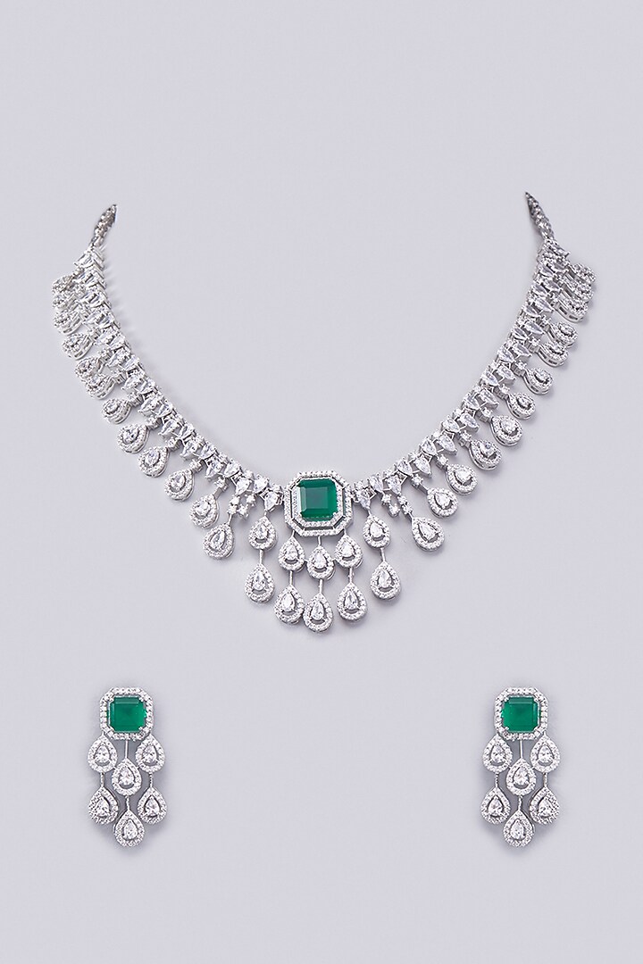 White Finish Zircon & Emerald Stone Necklace Set by Aster at Pernia's Pop Up Shop