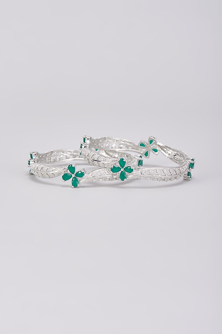White Finish Green Stone & Zircon Bangles (Set Of 2) by Aster at Pernia's Pop Up Shop