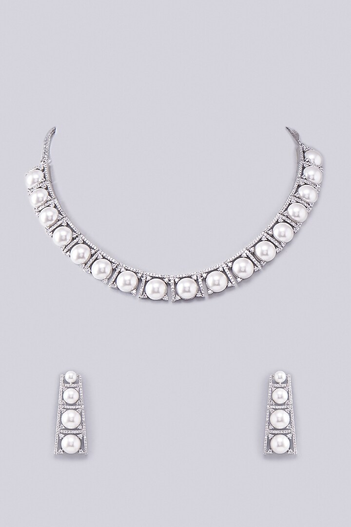 White Finish Zircon & Pearl Necklace Set by Aster at Pernia's Pop Up Shop