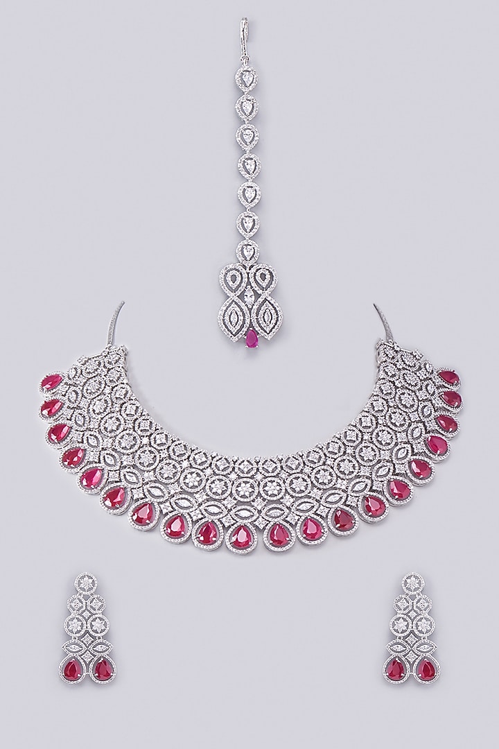 White Finish Zircon & Red Stone Necklace Set by Aster at Pernia's Pop Up Shop