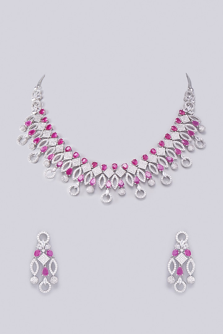 White Finish Zircon & Red Stone Necklace Set by Aster at Pernia's Pop Up Shop