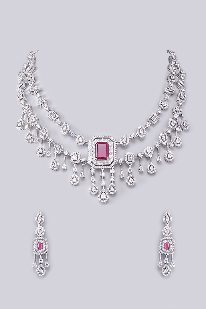White Finish Zircon & Red Stone Necklace Set by Aster at Pernia's Pop Up Shop