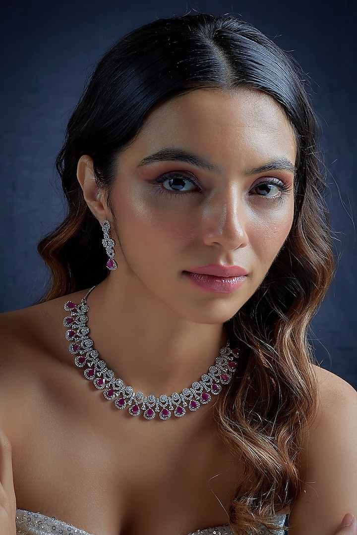 White Finish Synthetic Ruby Stone & Zircon Necklace Set by Aster at Pernia's Pop Up Shop