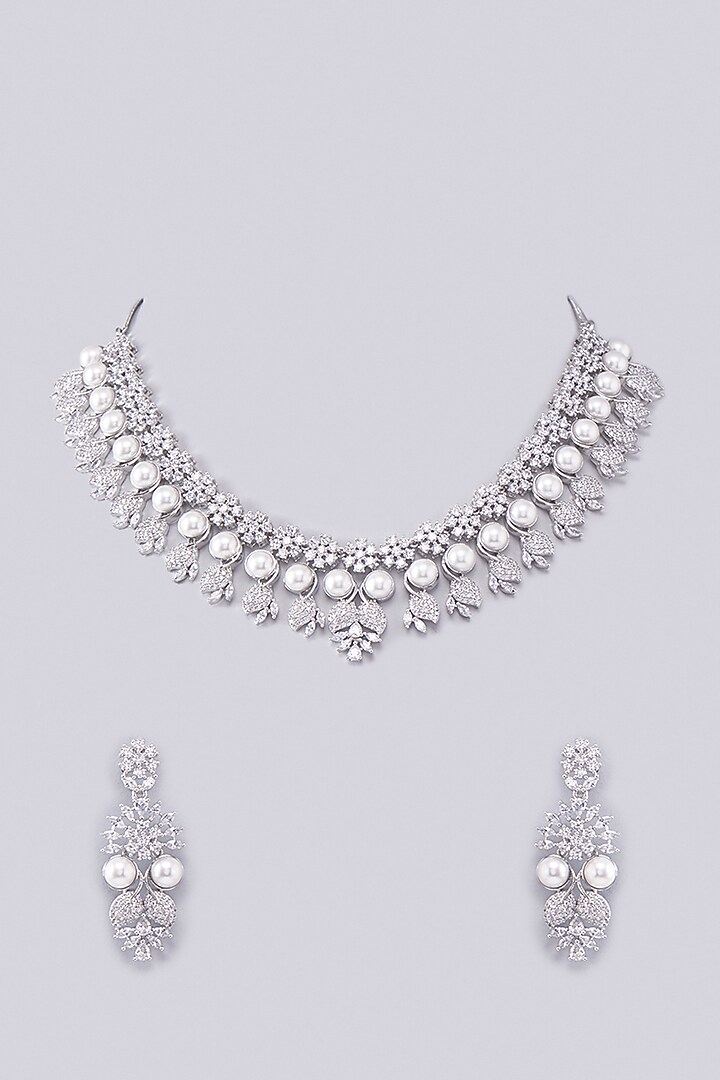 White Finish Zircon & Pearl Necklace Set by Aster at Pernia's Pop Up Shop